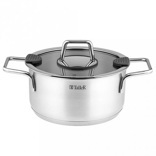 Кастрюля из нержавеющей стали "Сascade" 2л, д18см, h9-13,5см, s0,6мм, дно д16,5см, s2,9мм, стеклянная крышка со стальным ободом и сливом, пароотовод, капсулированное дно, полировка внешняя - матовая, внутренняя - матовая, ручки из нержавеющей стали н