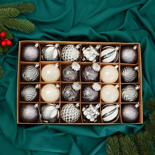 Ёлочные игрушки Мелодия ассорти люкс, шары новогодние, d=6 см, набор 24 шт., белый/серебро/сиреневый