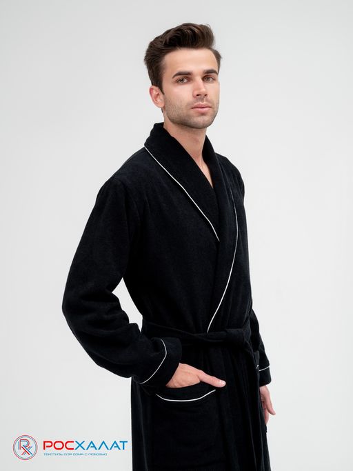 Мужской махровый халат с кантом черный МЗ-33 (100)