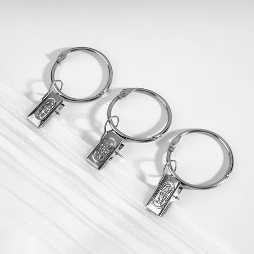 Набор для штор, кольцо разъёмное, d=36/41 мм, 10 шт., зажим, 33×11 мм, 10 шт., цвет серебряный