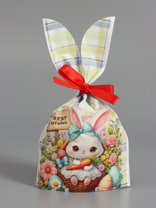 Цена за 50 шт. Пакет полиэтиленовый подарочный с ушками "Зайчик и корзина", 13 х 23±1 см