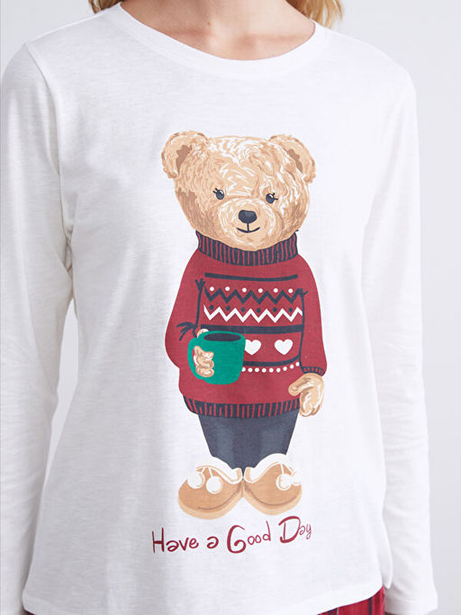 Bisiklet Yaka Ay? Teddy Bask?l? Kad?n Pijama ?st?