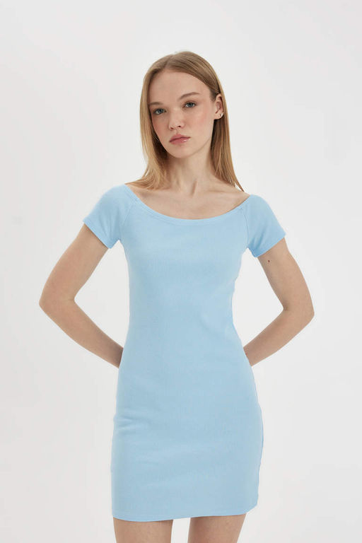 Мини-платье Cool Bodycon без бретелек в рубчик с короткими рукавами - Defacto фото 4