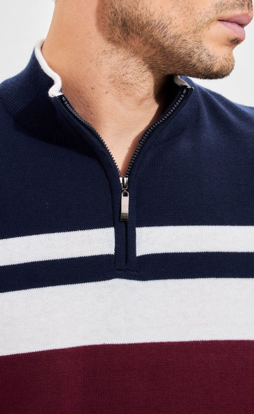 Джемпер мужской в полоску с воротником-стойкой на молнии F221-15-831 сине-бордовый - Fine joyce фото 5