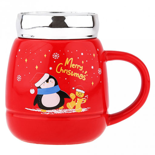 Новый год Кружка фарфоровая Зазеркалье 500мл, д9,8см h11,5см, глянцевая глазурь, с деколью, цвет - красный, пластмассовая, винтовая крышка, герметичная, с силиконовым уплотнителем, д/горла 6см, д/основания 7см, в подарочной коробке (Китай) - Домашняя мода фото 3
