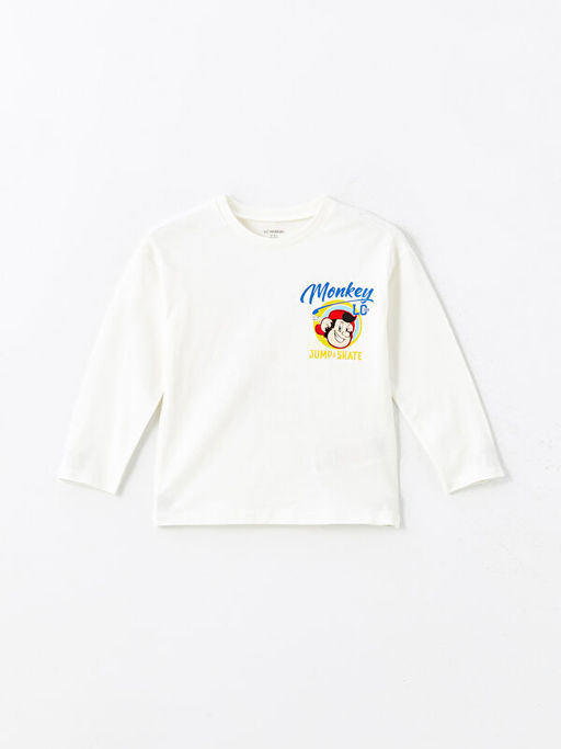 Bisiklet Yaka Uzun Kollu Nostaljik Maymun Bask?l? Erkek Bebek Ti??rt - Waikiki фото 2