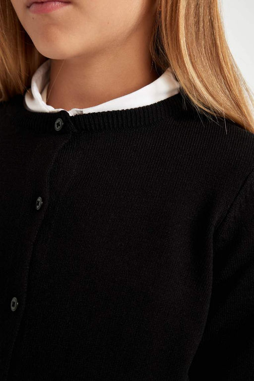 Черный школьный кардиган на пуговицах с круглым вырезом для девочек - Defacto фото 5