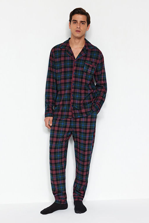 Lacivert Regular Fit Ekose _rme %100 Pamuk Pijama Tak_m_ TMNAW24PT00026 - Trendyolmilla фото 2
