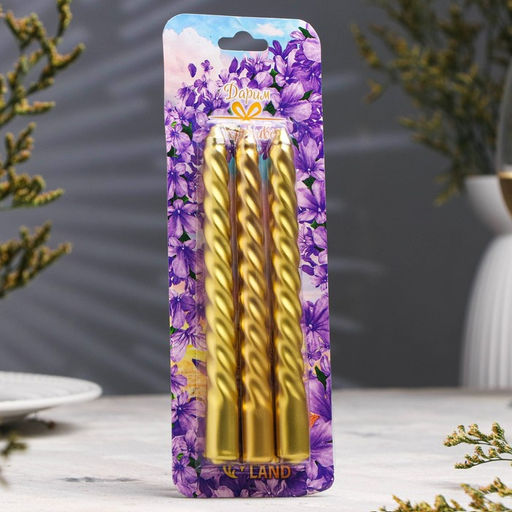 Цена за 2 шт. Набор свечей витых, 1.5×15 см, 3 шт., золотой