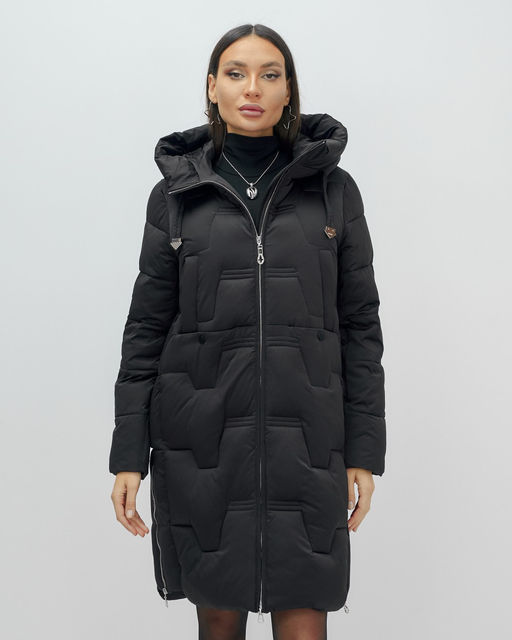 Пальто зимнее утепленное с капюшоном женское черного цвета 7638Ch - Visdeer фото 2