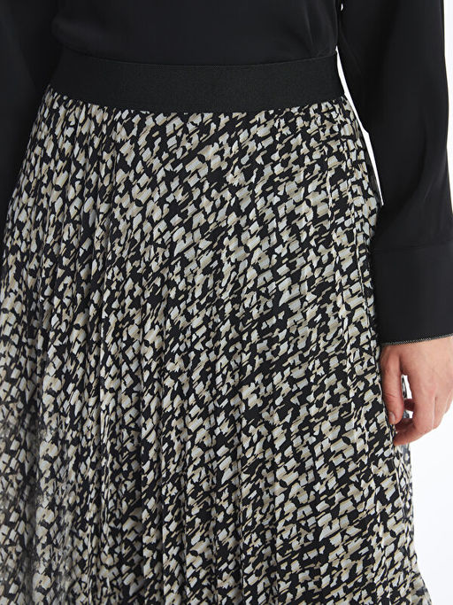 Beli Lastikli Desenli ?ifon Kad?n Pileli Etek