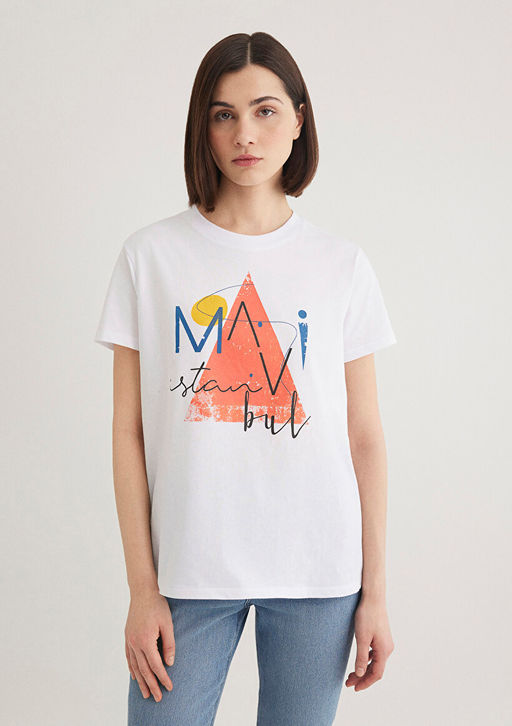 Ucgen Bask?l? Beyaz Istanbul Tisort - Mavi фото 4