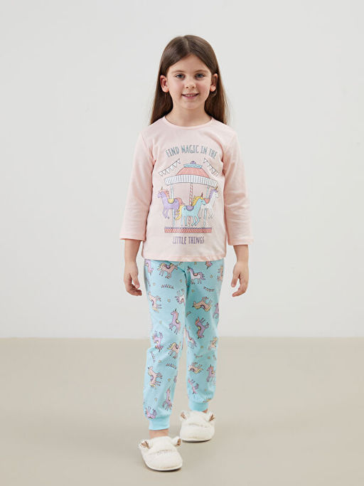 Bisiklet Yaka Bask?l? K?z ?ocuk Pijama Tak?m?