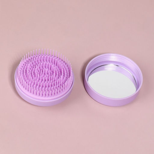 Расчёска массажная, круглая, складная, с зеркалом, d=7.5 см, в коробке, сиреневая