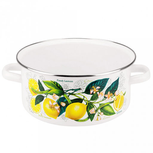 "Лимоны в цвету" Кастрюля эмалированная 4л, д22см, h13см, цилиндрическая форма, металлическая крышка, белый (Россия)