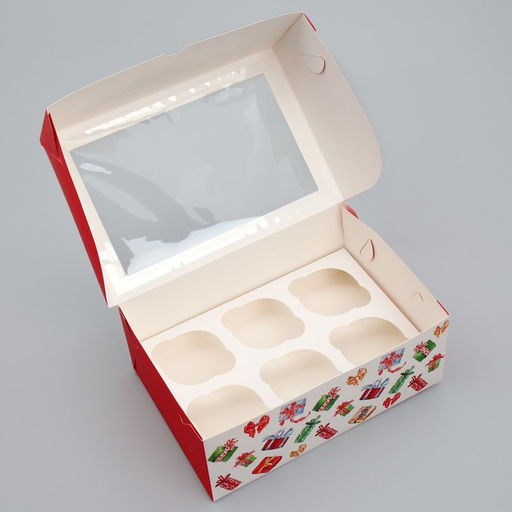 Цена за 5 шт. Коробка складная на 6 капкейков с окном «Счастливого Нового года», 25×17×10 см