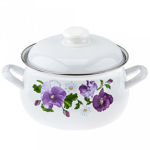 "Анютины глазки" Кастрюля эмалированная 3л, д23см, h26,5см, форма грушевидная, металлическая крышка (Россия)