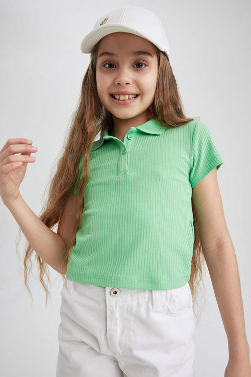 Облегающая футболка-поло в рубчик с короткими рукавами для девочек - Defacto фото 4