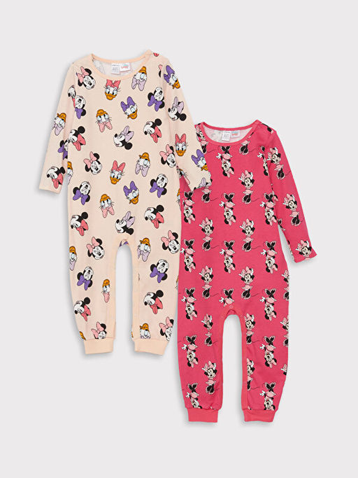 Bisiklet Yaka Uzun Kollu Minnie Mouse Bask?l? K?z Bebek Tulum 2li