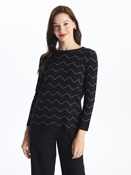 Bisiklet Yaka Desenli Uzun Kollu Kad?n Triko Kazak