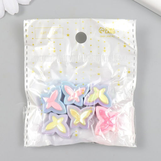 Бусина для творчества пластик, набор 6 шт., Бабочка, цветная с перламутром, 2?1.6 см, МИКС