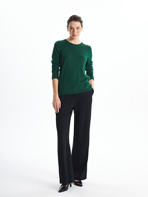 Bisiklet Yaka Kendinden Desenli Uzun Kollu Kad?n Triko Kazak