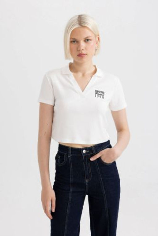 Fitted Polo Yaka Bask?l? K?sa Kollu Tisort