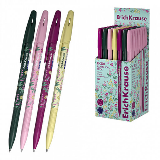 Цена за 50 шт. Ручка шариковая ErichKrause R-301 Stick Floral Soul 0.7, цвет чернил синий (в коробке по 50 шт.)