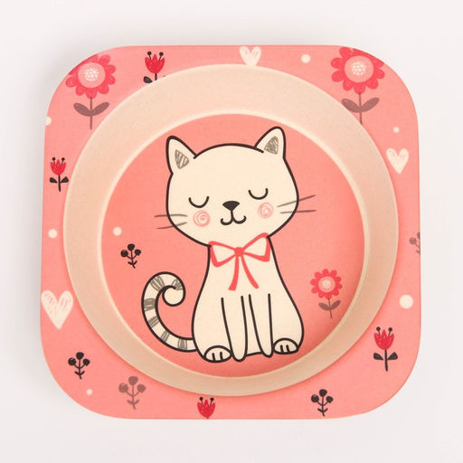 Набор детской бамбуковой посуды Кошечка, тарелка, миска, стакан, приборы, 5 предметов - Крошка я фото 6