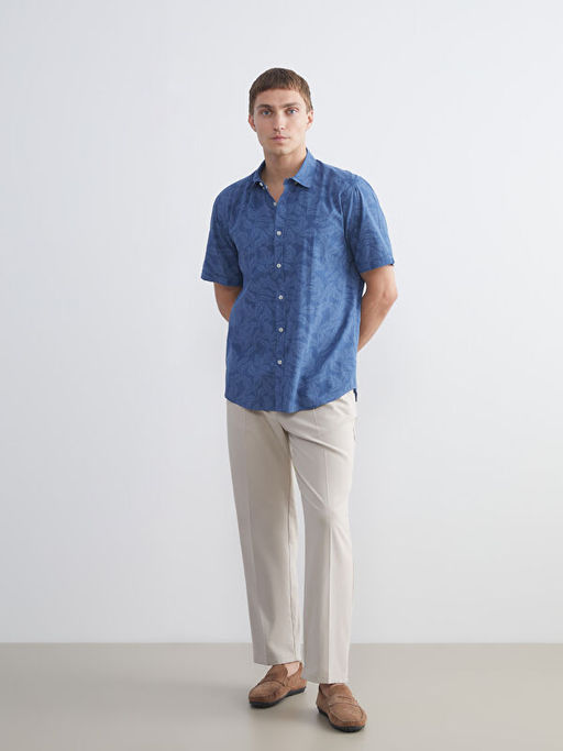 Slim Fit K?sa Kollu Desenli Poplin Erkek G?mlek