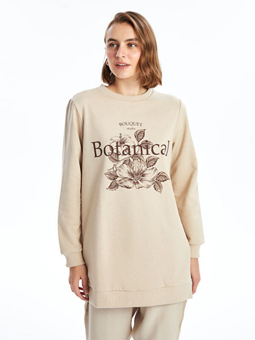 Bisiklet Yaka Bask?l? Kad?n Sweatshirt Tunik