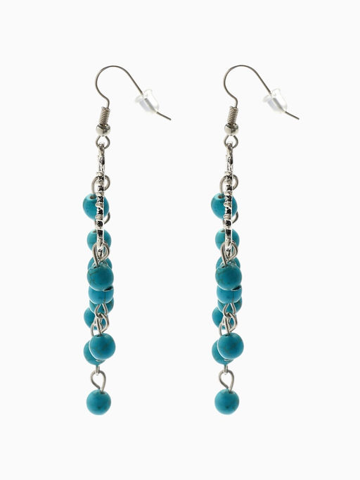 Серьги Бирюзовый мир круг и 5 дорожек бусинок, голубые в чернёном серебре