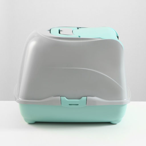 Туалет-домик для кошек закрытый с дверцей 50*38*37 см, бирюзово-серый - Пижон фото 3