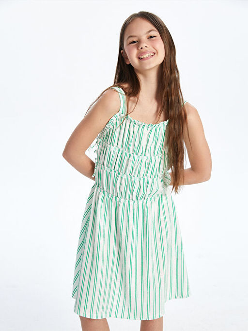 Kare Yaka ?izgili K?z ?ocuk Elbise