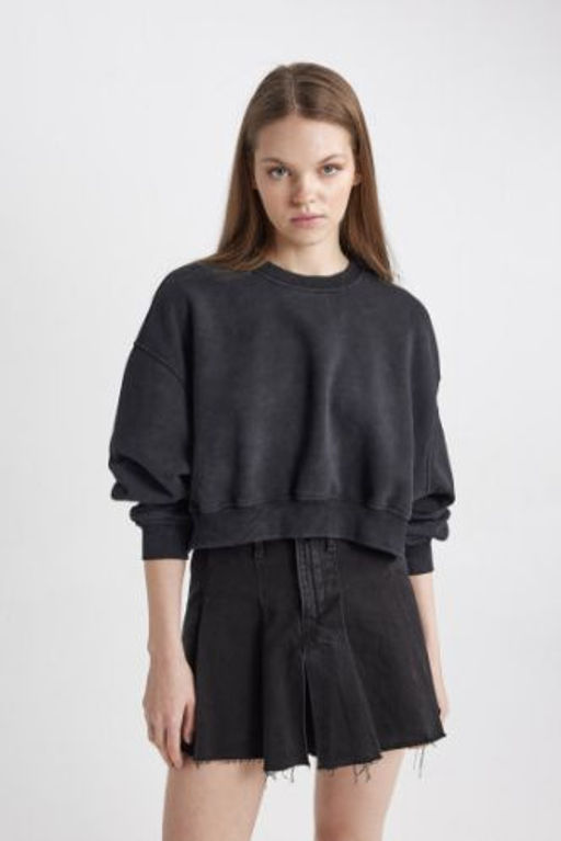 Coool Crop Kal?n Kumas Y?kamal? Soluk Efektli Basic Sweatshirt