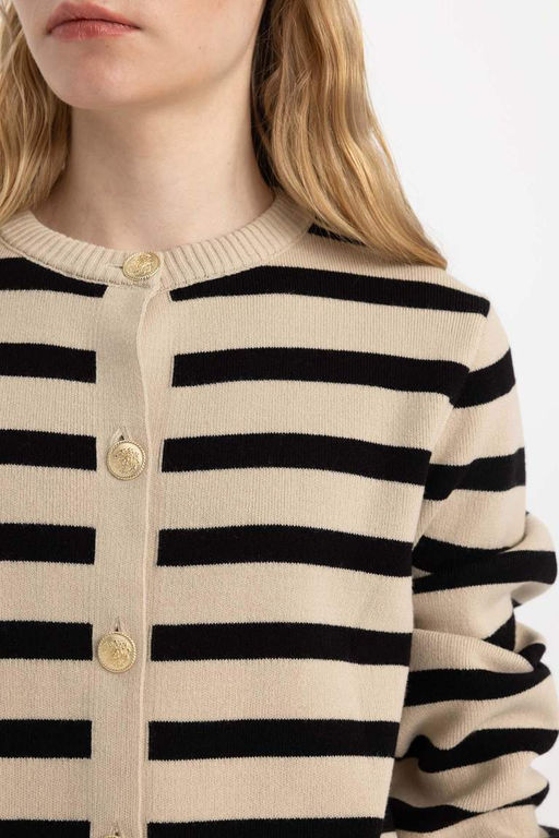 Полосатый кардиган обычного кроя с круглым вырезом - Defacto фото 6