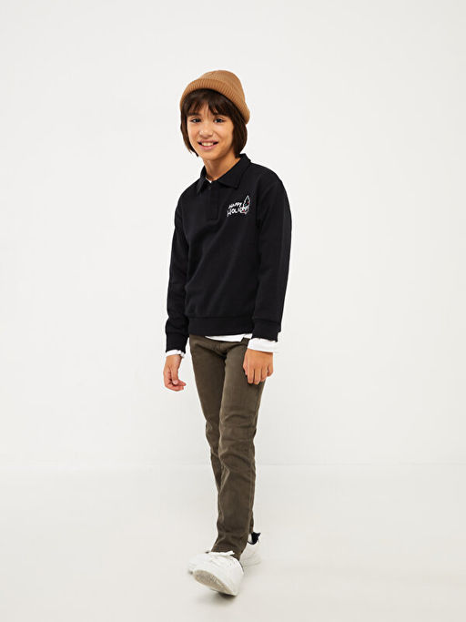 Polo Yaka Bask?l? Uzun Kollu Erkek ?ocuk Sweatshirt - Waikiki фото 3