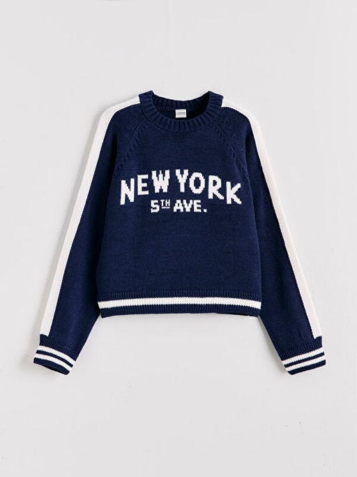 Bisiklet Yaka New York Desenli K?z ?ocuk Triko Kazak