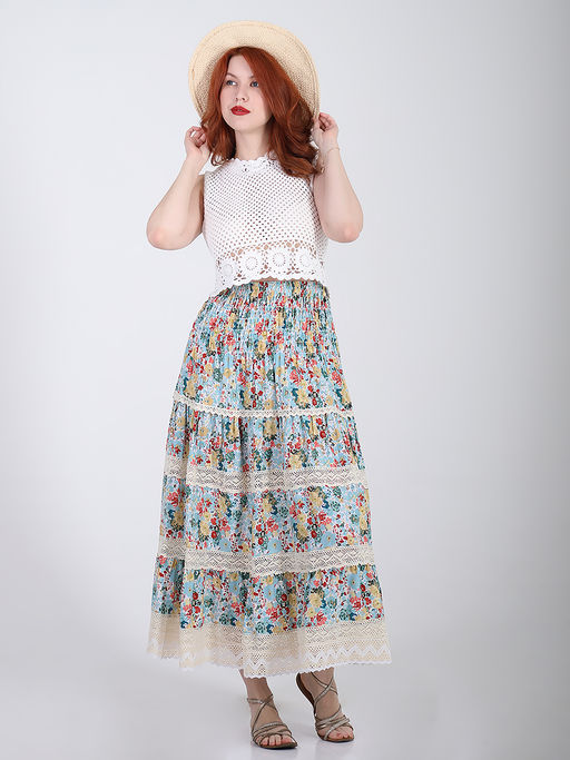 Юбка с кружевом летняя больших размеров с цветами - Almond фото 2