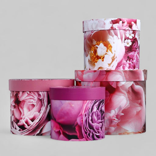 Набор шляпных коробок для цветов 4 в 1, упаковка подарочная, Пионы, 20?17.5 - 16?14 см