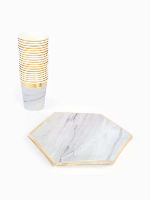 Посуда одноразовая бумажная на 20 персон, 40 предметов, мрамор белый