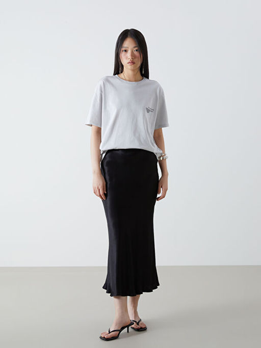 Bisiklet Yaka Bask?l? Oversize Kad?n Ti??rt