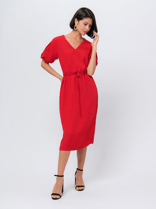 Платье красного цвета длины миди с пышными рукавами и глубоким вырезом - 1001dress фото 3