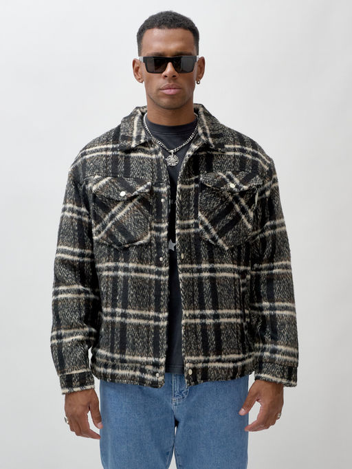 Куртка рубашка шерстяная в клетку мужская демисезонная черного цвета 58596Ch