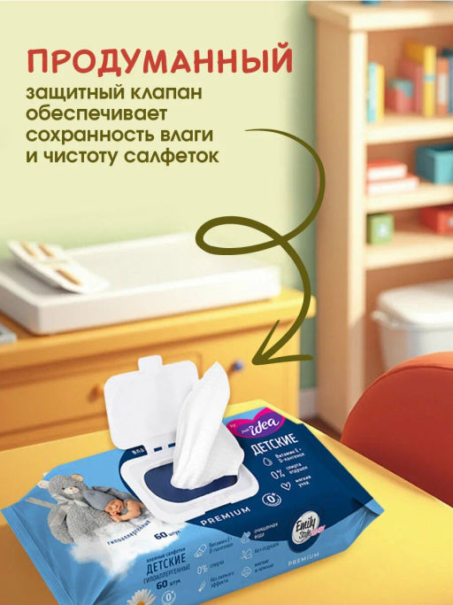 EMILY STYLE влажн.полотенца (60шт) Лайт Детские без отдушки 0+, XL размер, соты, розово-голубые