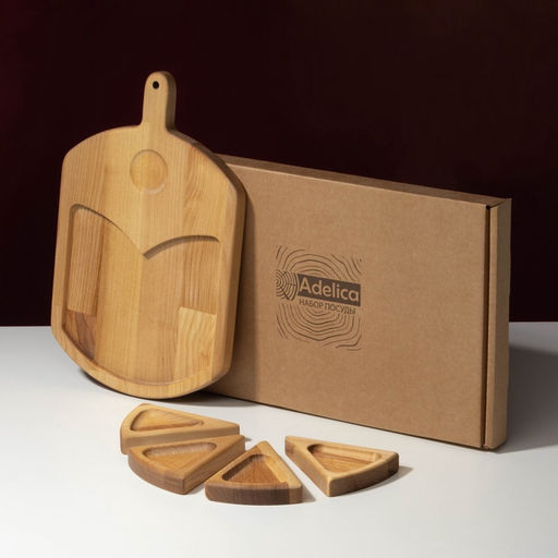 Подарочный набор посуды Adelica «Сырная мозаика», доска разделочная 35×22 см, менажницы 4 шт., 12.5×9 см, дерево берёза