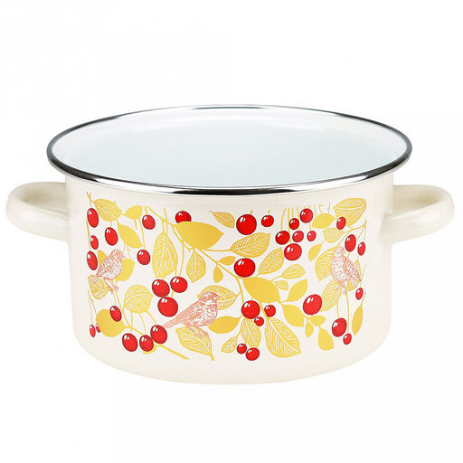 Птички и вишня Кастрюля эмалированная 2л, цилиндрическая форма, металлическая крышка, ободок из нержавеющей стали, бисквит (Россия) - Домашняя мода фото 2
