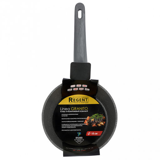 Ковш с антипригарным покрытием "Granito" 1,3л, д16см, h8см, s2,6мм, дно s3,2мм, индукционное дно д12см, кованный алюминий, бакелитовая ручка с покрытием "soft-touch", "Regent" (Китай) Подходит для всех видов плит, включая индукционную.