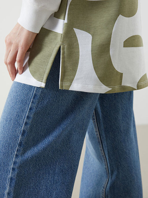 Bisiklet Yaka Desenli Oversize Kad?n Sweatshirt Tunik