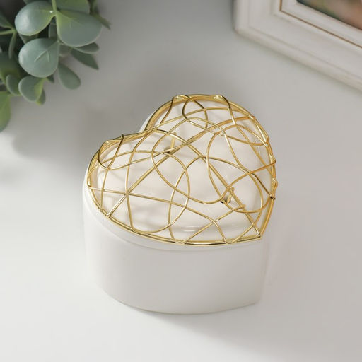 Шкатулка керамика, металл Сердце. Каракули белая 8,9х8,5х7,2 см